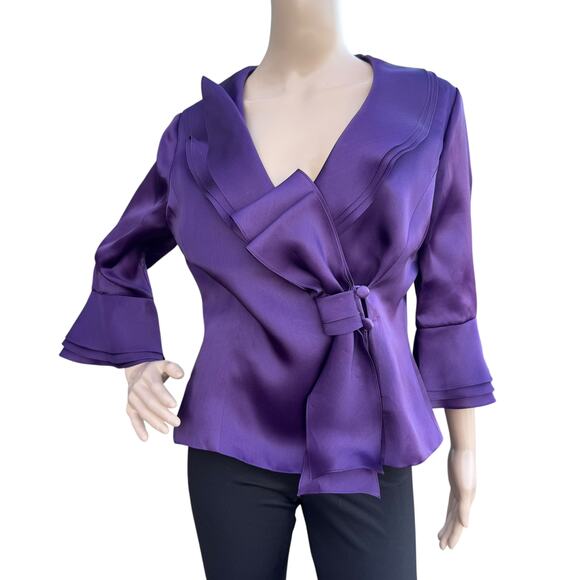 Frascara 8 Purple Silk Wrap Blouse Ruffle V-Neck Bell Sleeve Bow Tie NWOT - Picture 1 of 7